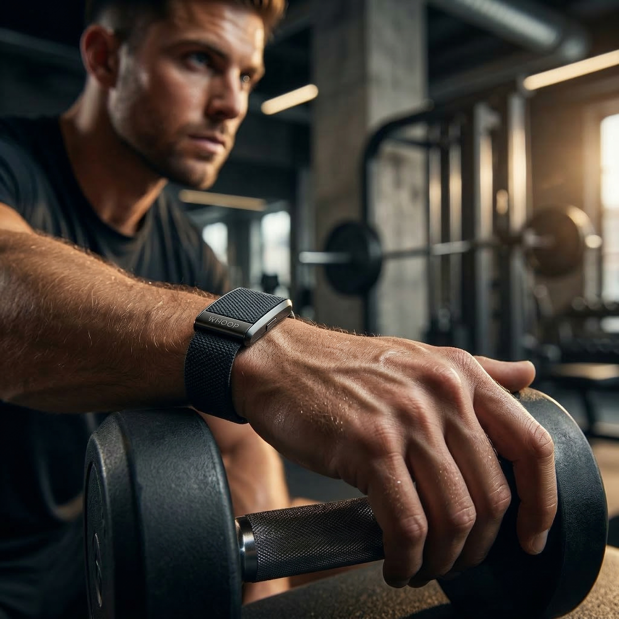 Whoop band on wrist gripping barbell